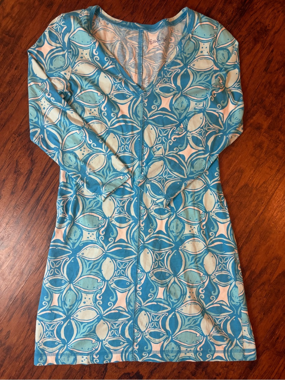 Lilly Pulitzer Teal, Aqua & Cream Printed V-Neck Midi Dress